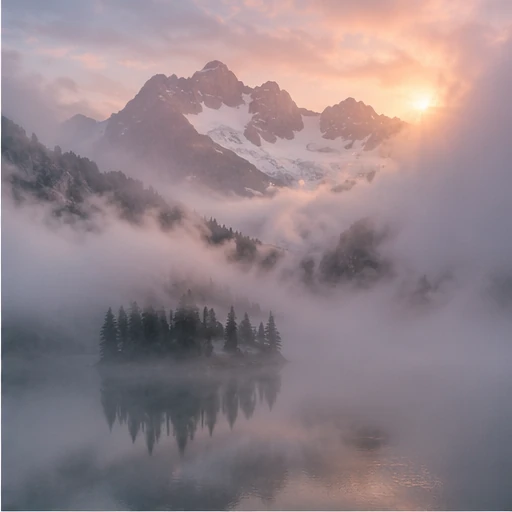 Mist hangt boven een bergmeer en tussen de beboste hellingen.
