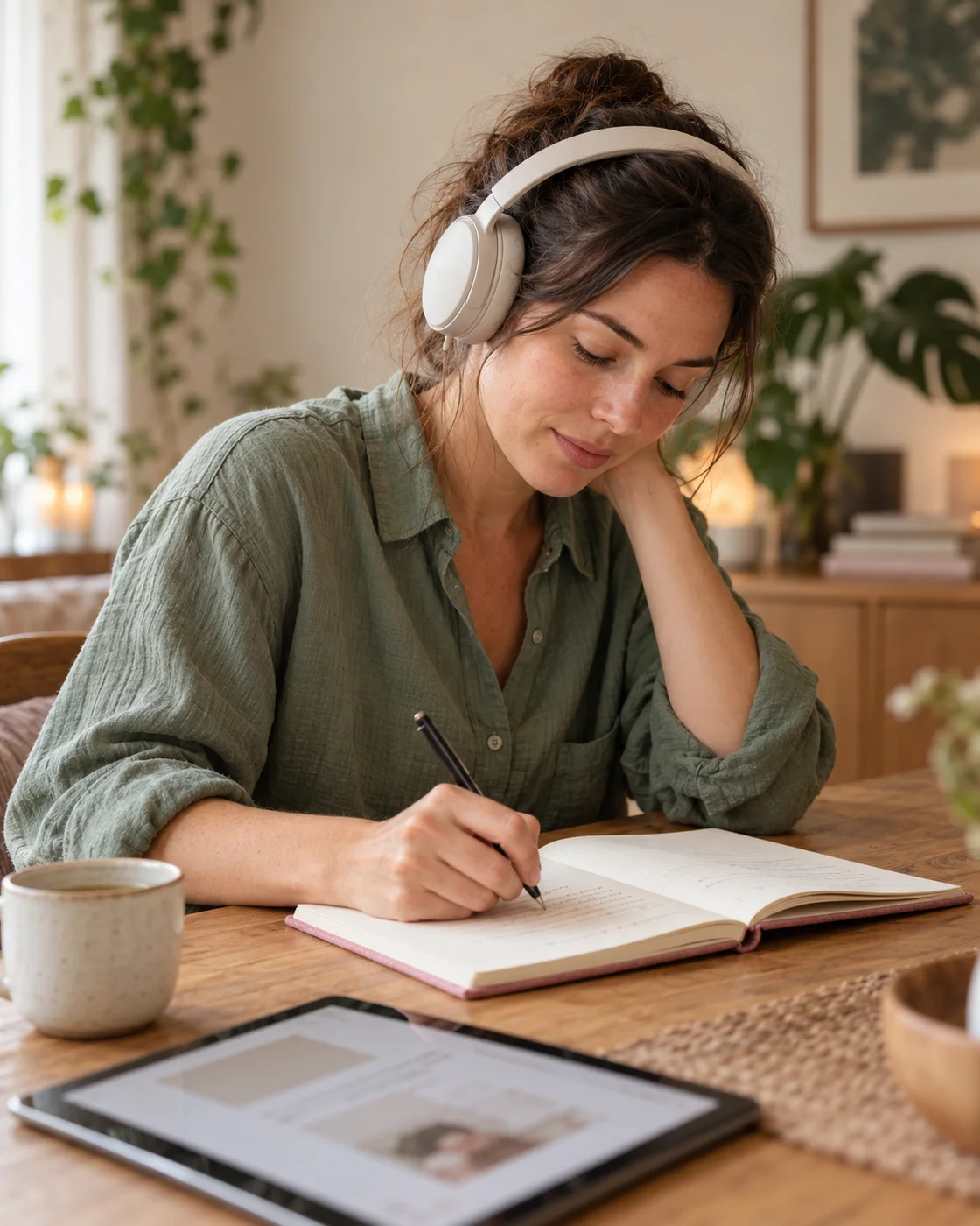 Een vrouw luistert thuis met een hoofdtelefoon naar audio en schrijft haar reflecties in een werkboek.
